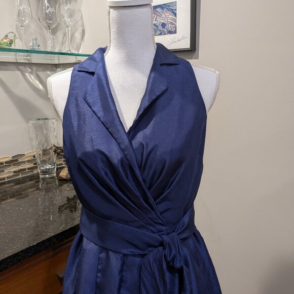 Evan Picone Belted Faux Wrap Dress Womens Size 6 Royal Blue Navy Cocktail Midi - Picture 4 of 5